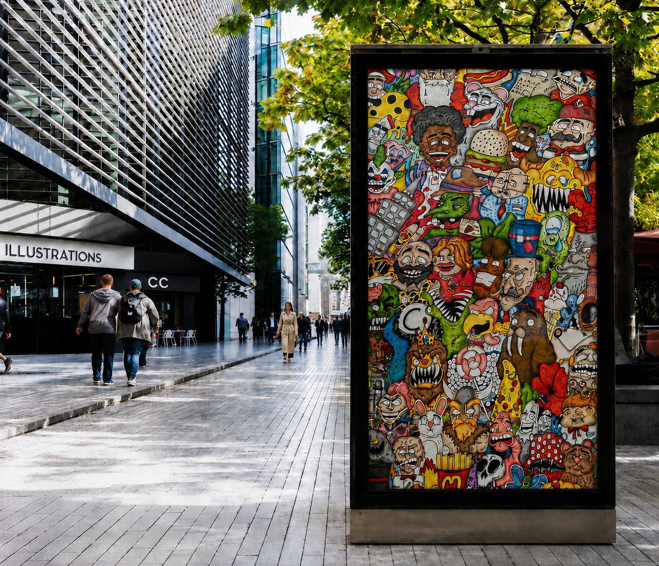 A city-centre billboard showing a dense CC Illustrations crowd scene packed with dozens of hand-drawn faces, outside a CC Illustrations storefront.