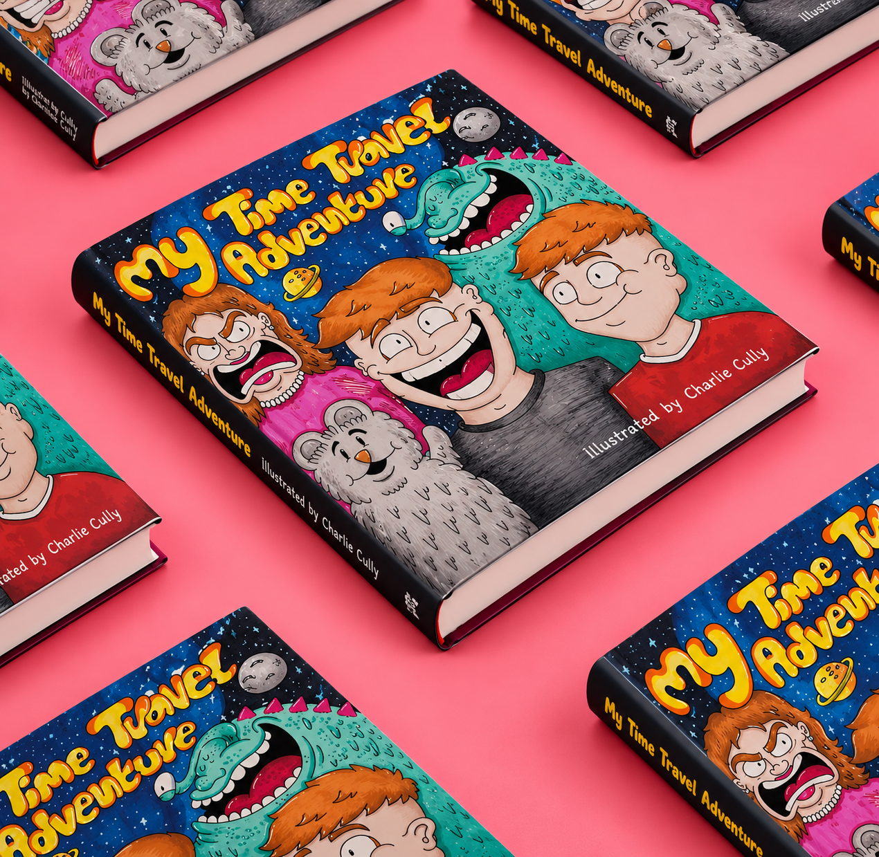 Copies of My Time Travel Adventure, showing the cover of three laughing boys and a green monster.