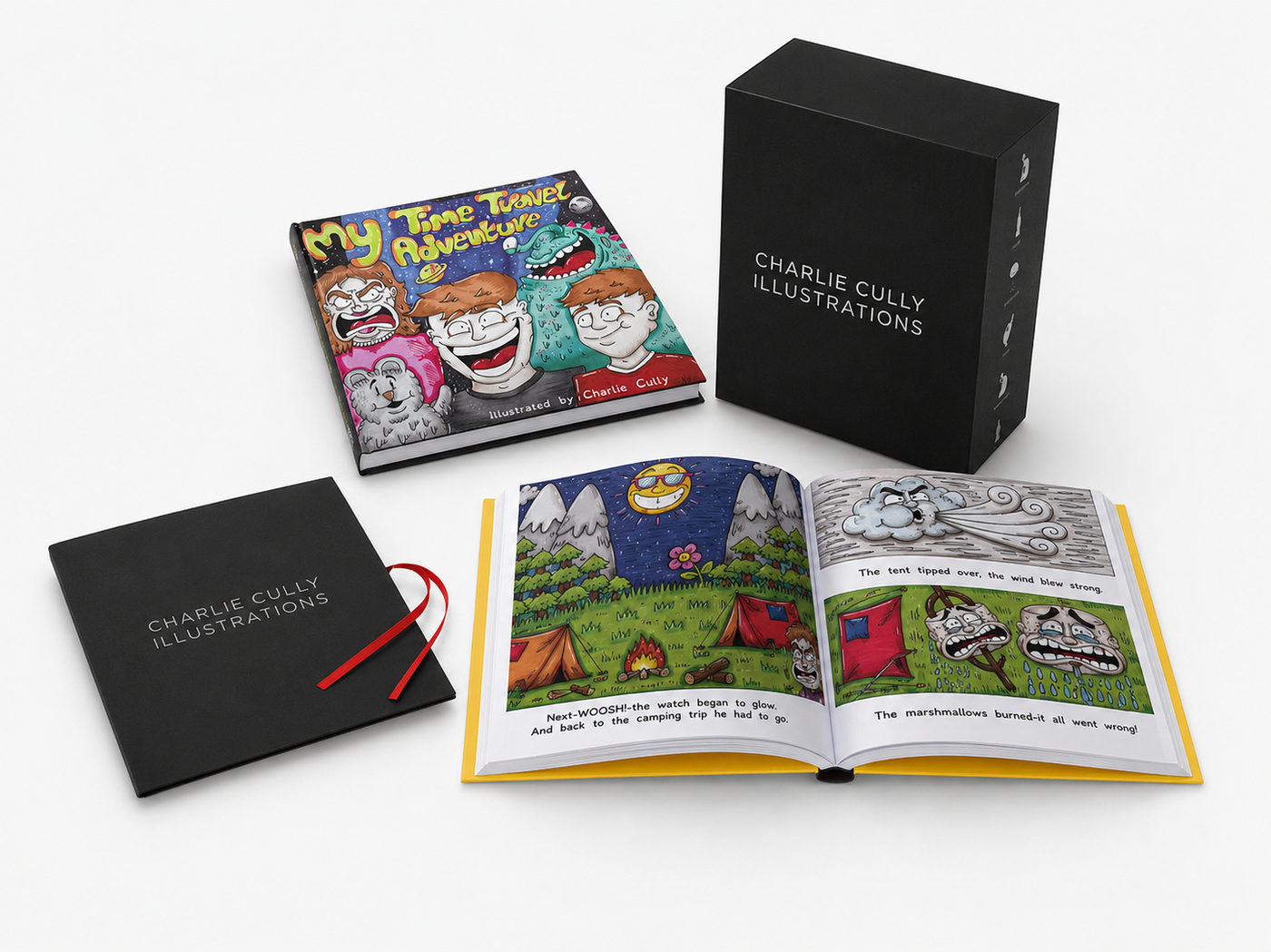 The Charlie Cully Illustrations collector's edition: black slipcase and portfolio beside the open picture book.
