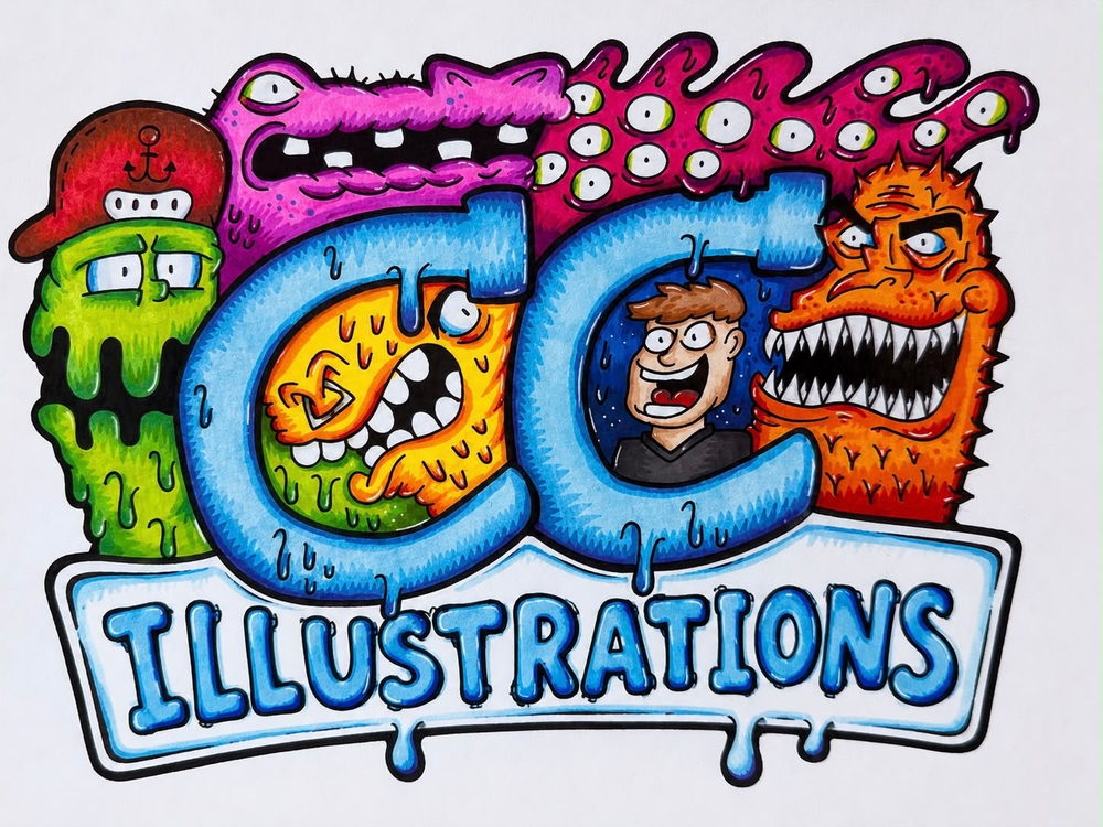 CC Illustrations logo: hand-drawn monsters and characters wrapped around dripping bubble lettering.