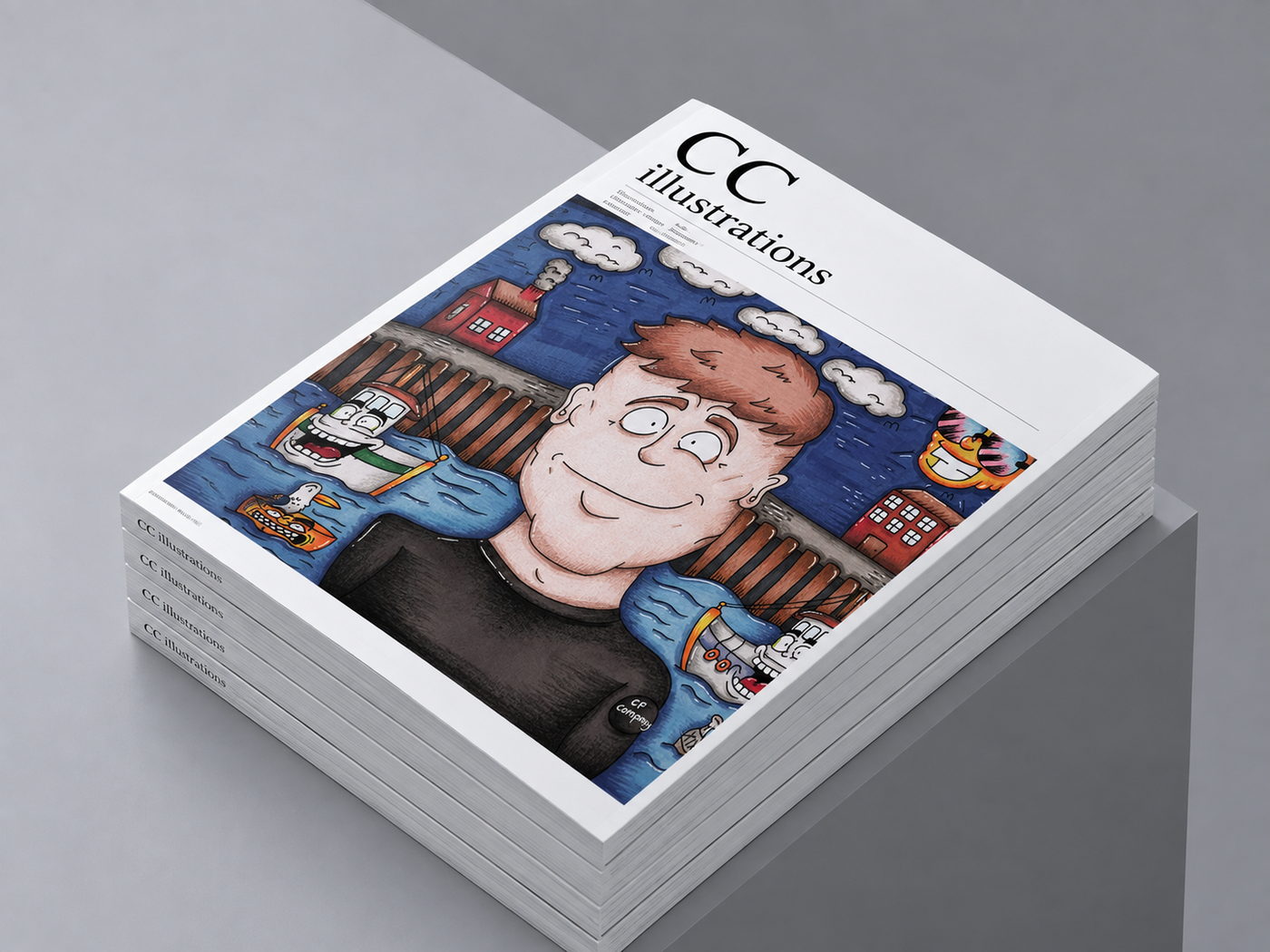 A stack of CC Illustrations magazines with a harbour scene cover of a boy surrounded by grinning boats and fish.