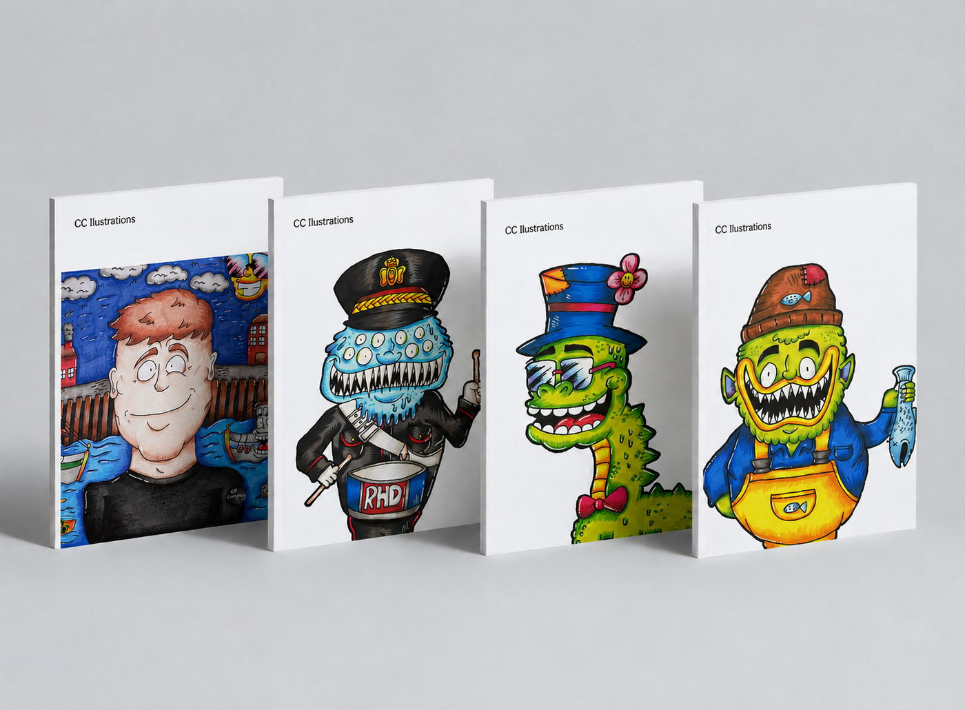 Four CC Illustrations character prints standing in a row: a harbour portrait, a drummer, a top-hatted dinosaur and a fisherman.