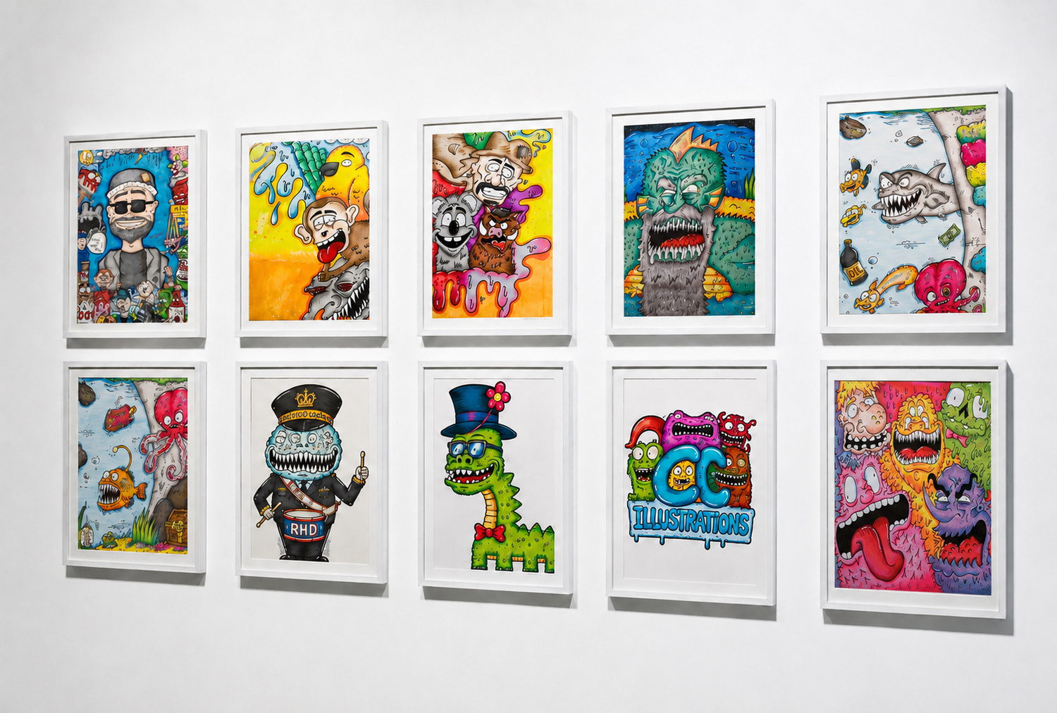 Ten framed CC Illustrations prints hung in two rows on a white gallery wall, including the drummer, the top-hatted dinosaur and the CC logo piece.