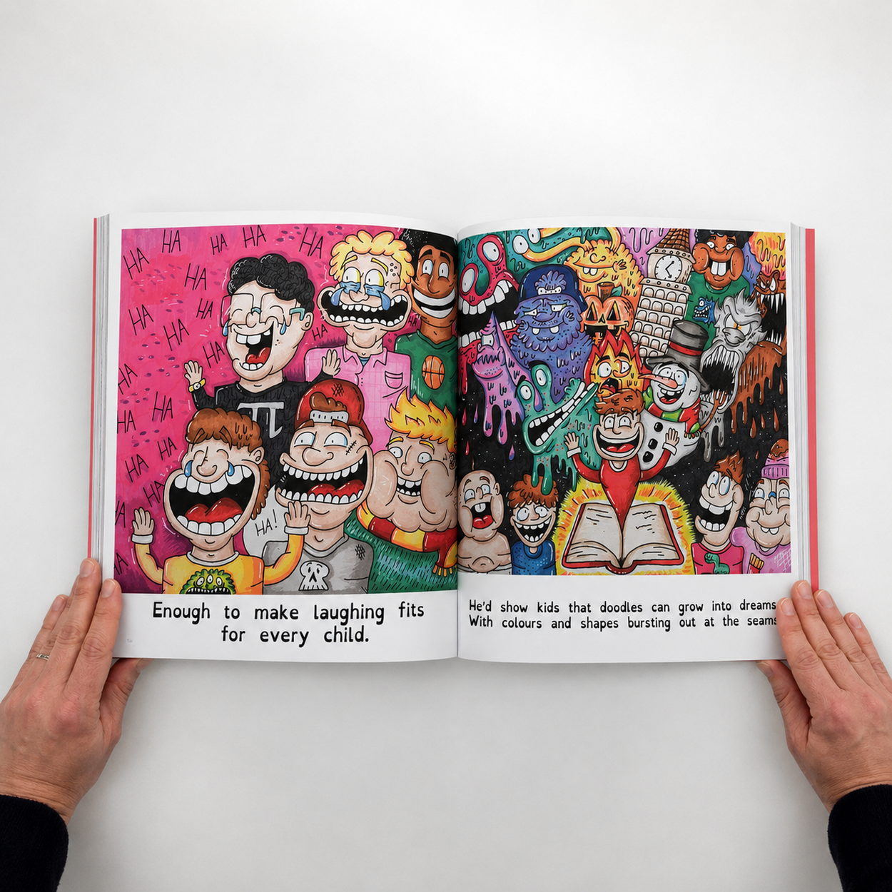 An open spread packed with laughing children on a pink background facing a crowd of colourful monsters around an open book.