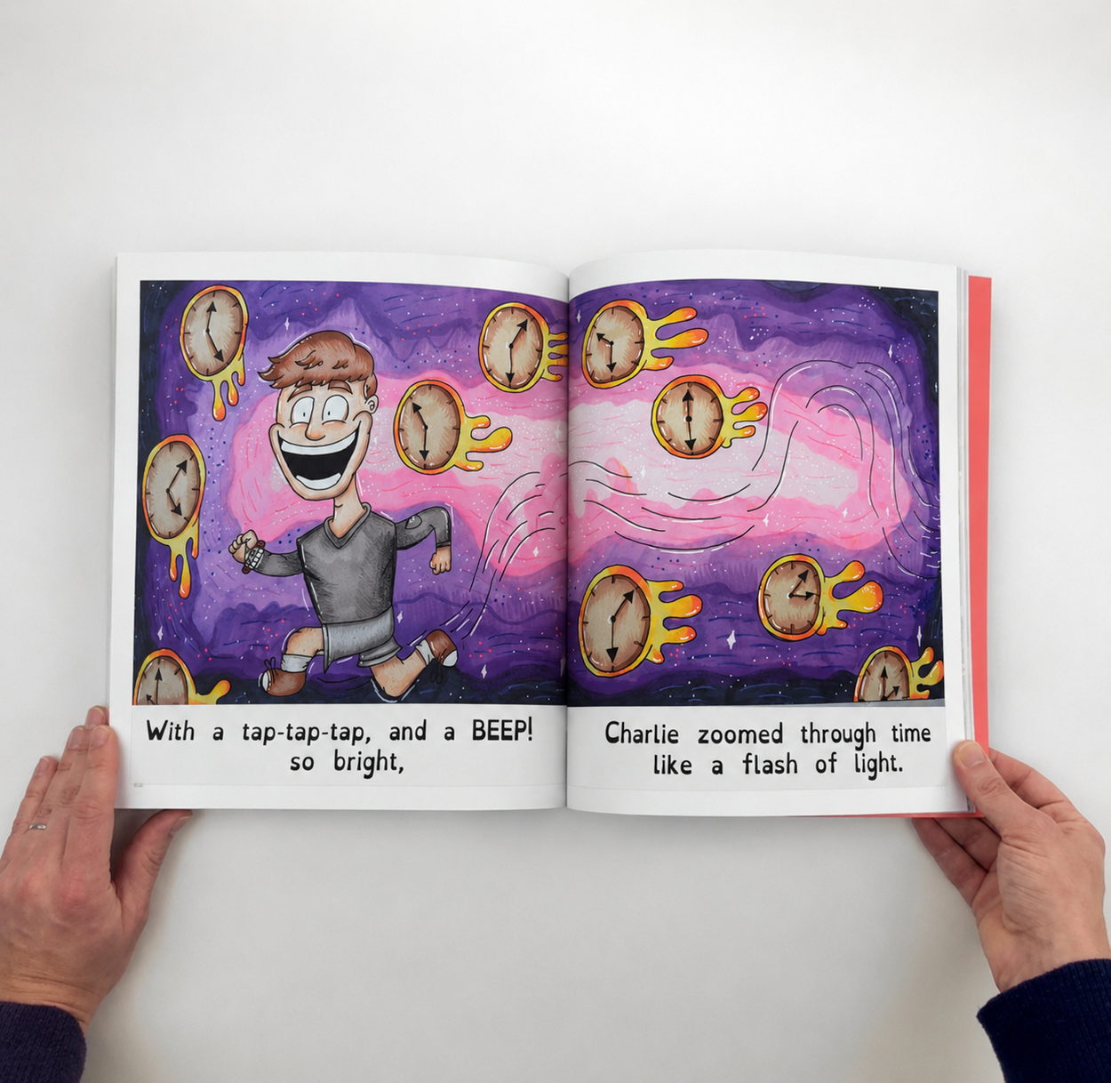 An open spread of Charlie running through a purple sky filled with dripping clocks as he zooms through time.