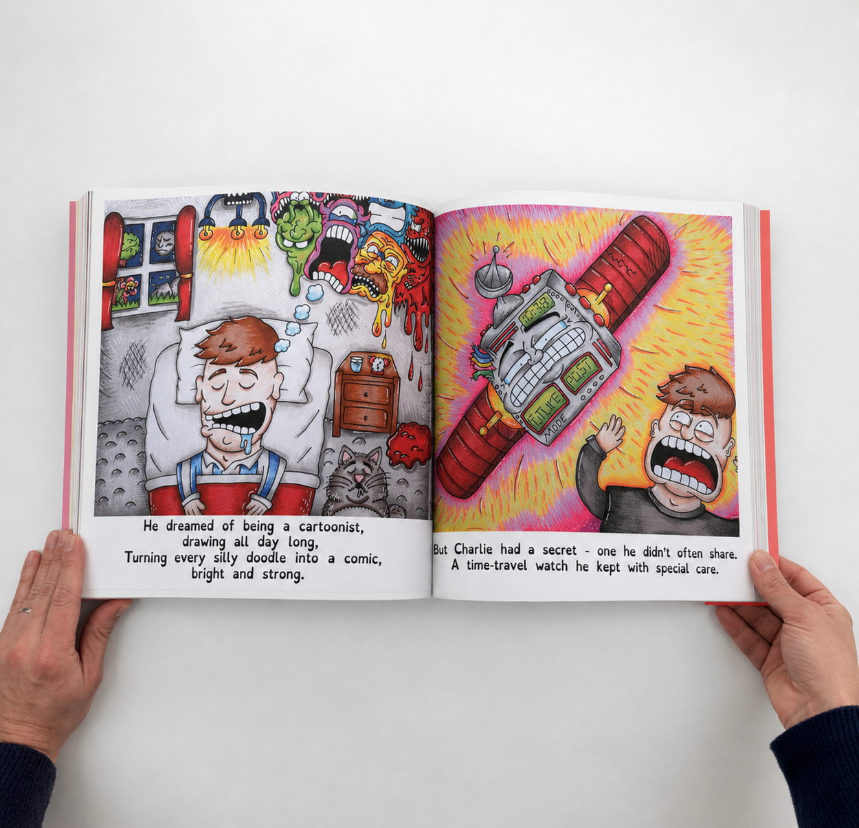 An open spread showing Charlie asleep dreaming of cartoon monsters, and his time-travel watch glowing beside him.